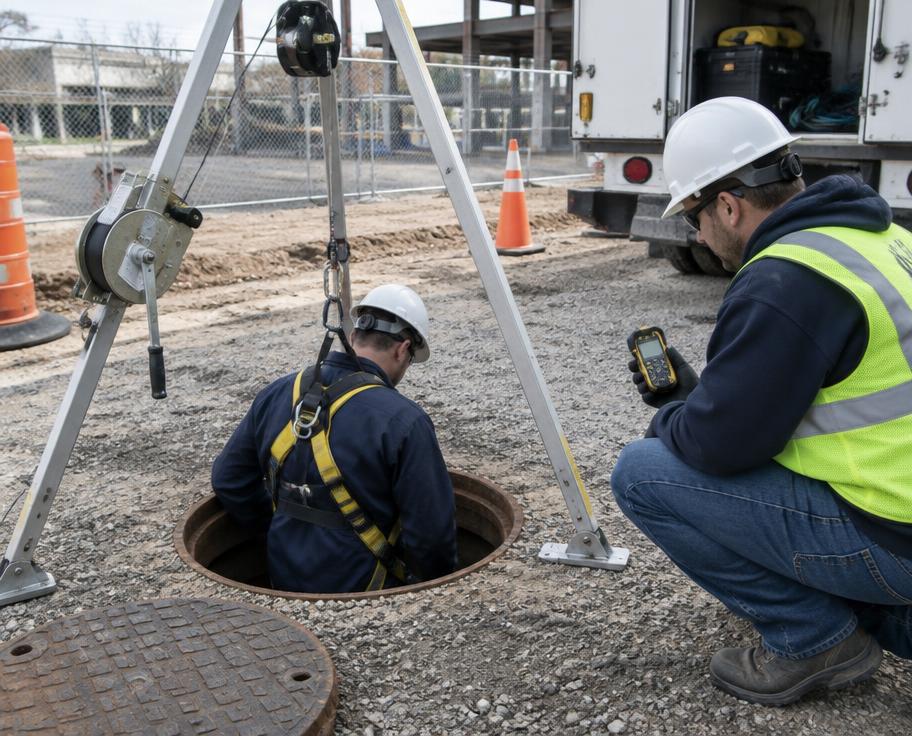 Confined space entry with tripod retrieval system and attendant
