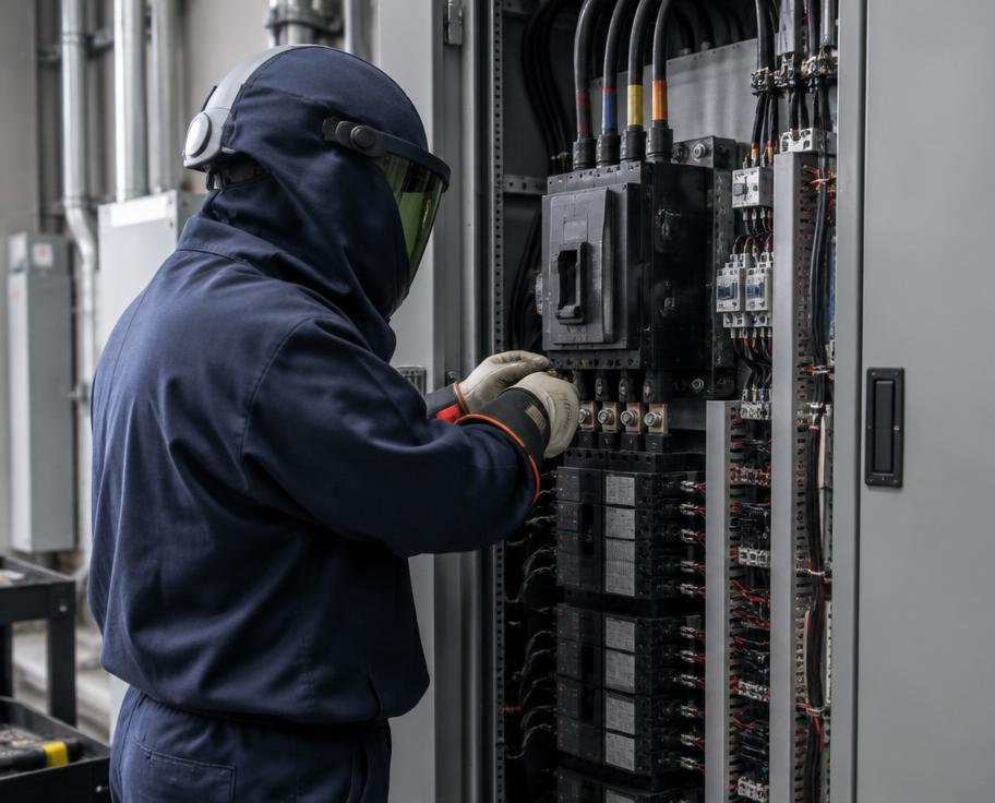 Electrician in arc-flash gear working at an electrical panel