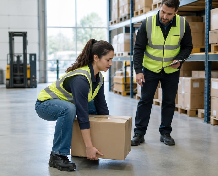 Worker demonstrating safe lifting posture with a supervisor observing