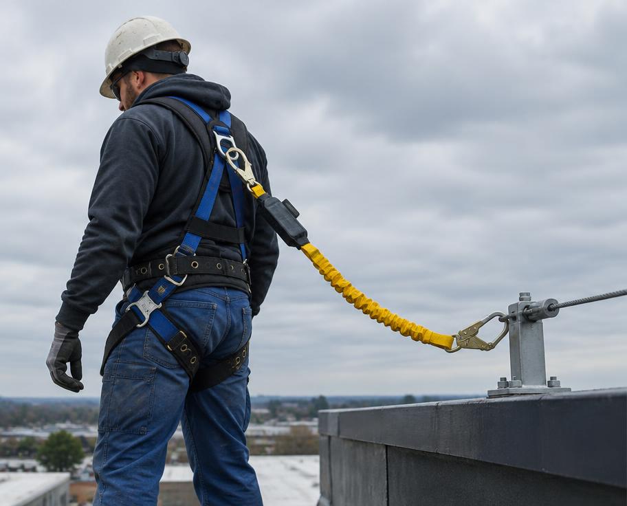 Worker in a harness tied off to an anchor at a roof edge