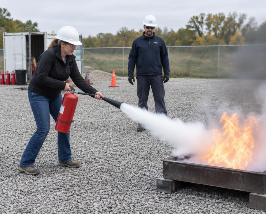 Hands-on fire extinguisher practice on a controlled training fire