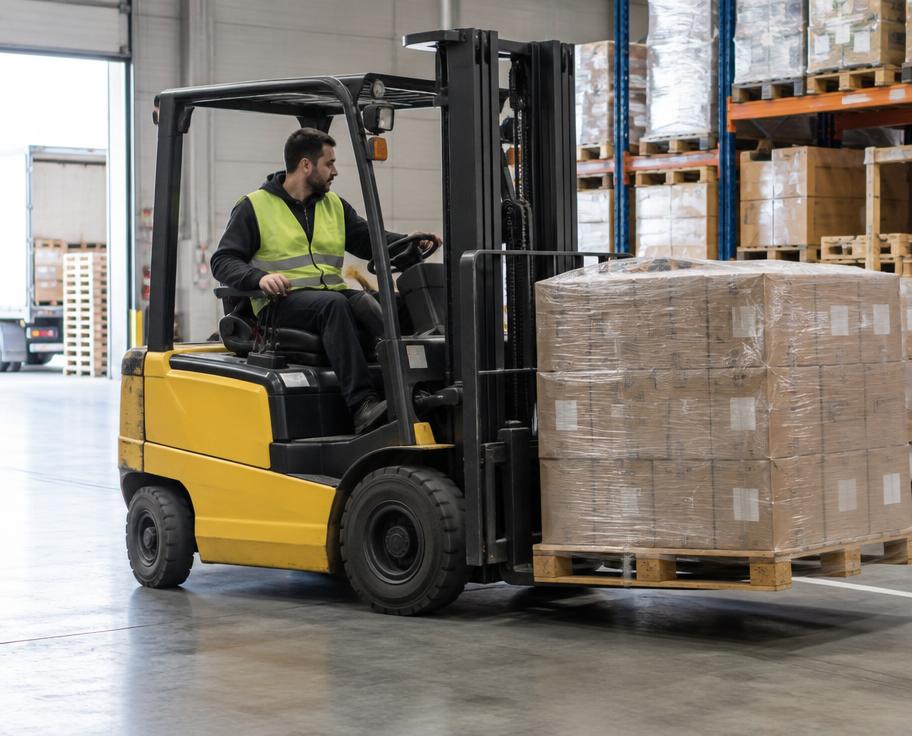 Forklift operator moving a pallet inside a warehouse