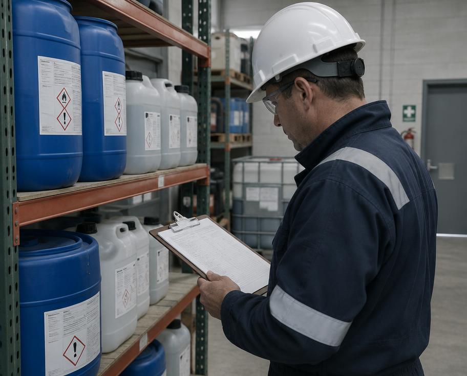 Supervisor reviewing chemical labels and safety data sheets