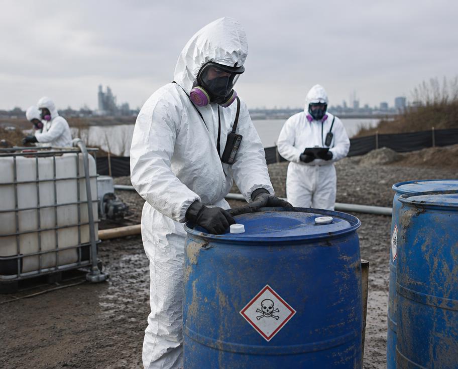 Workers in protective suits handling labeled chemical drums