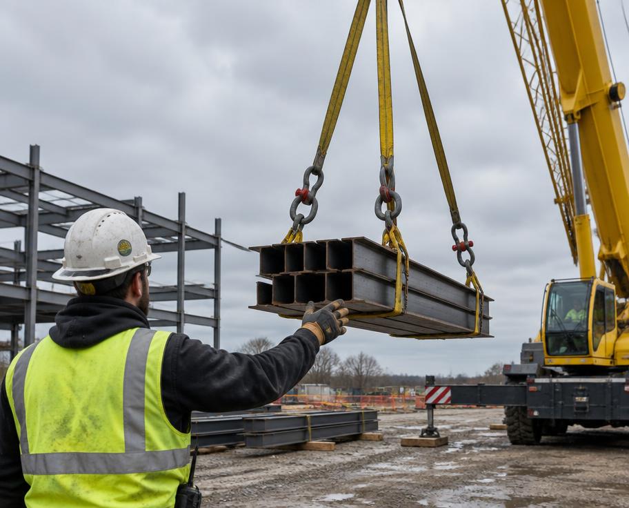 Rigger guiding a crane lifting a slung steel load