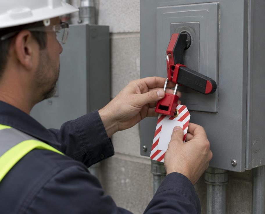 Worker applying a lockout padlock and tag to a disconnect switch