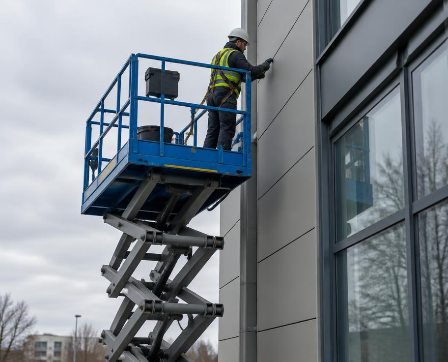 Worker in a harness operating a scissor lift beside a building