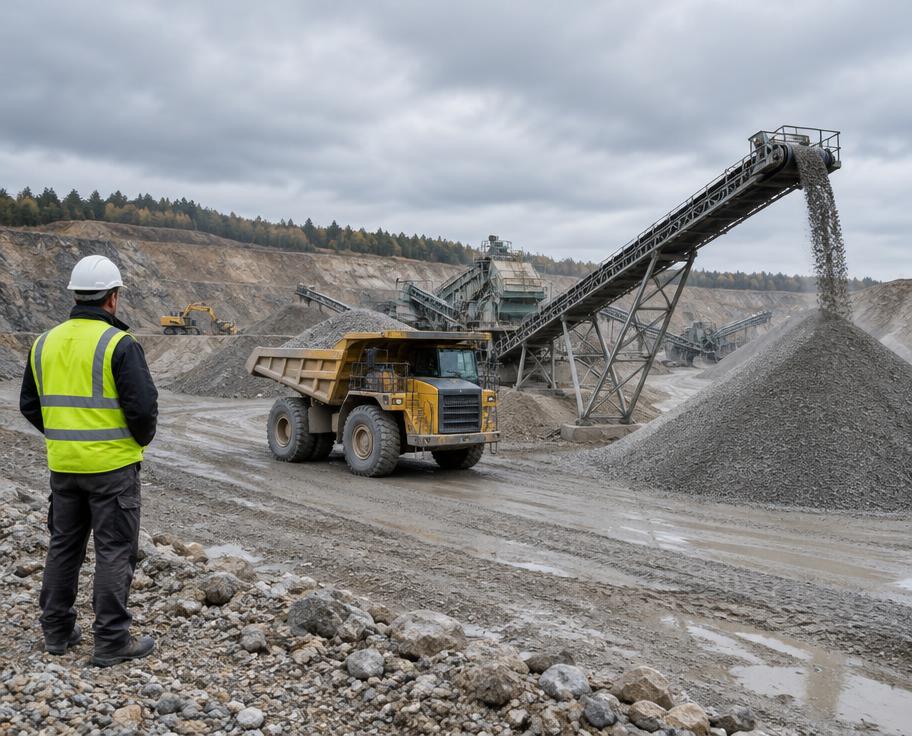 Aggregate quarry with haul truck, conveyor, and a worker observing
