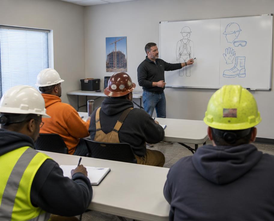 Instructor leading an OSHA class for construction workers
